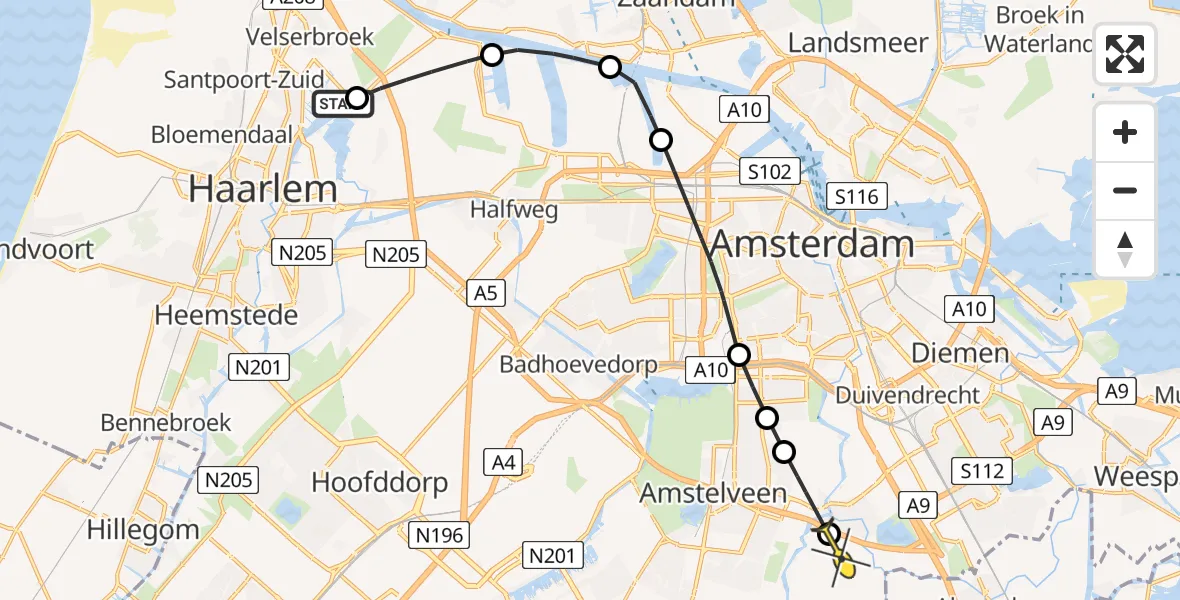 Routekaart van de vlucht: Lifeliner 1 naar Ouderkerk aan de Amstel, Noorderweg