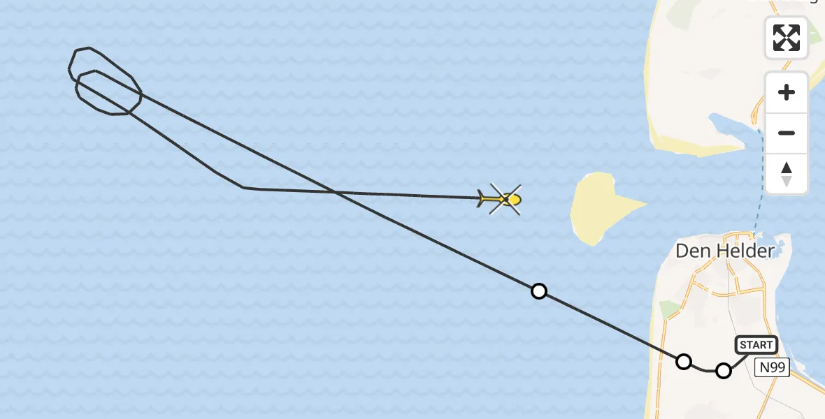 Routekaart van de vlucht: Kustwachthelikopter naar Den Hoorn, Middenvliet