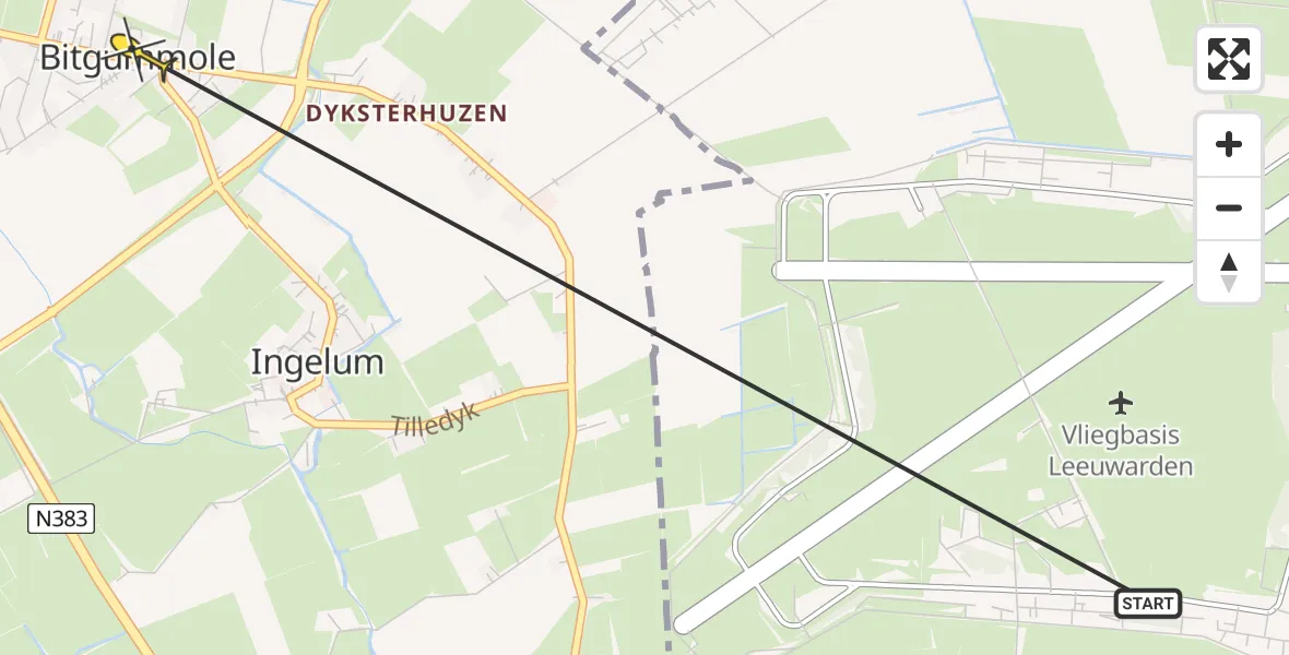 Routekaart van de vlucht: Ambulancehelikopter naar Bitgummole, JH van Aismawei