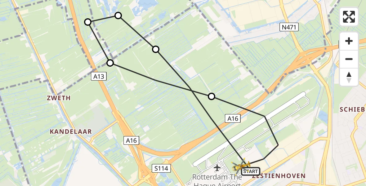Vluchtroute Traumahelikopter Rotterdam The Hague Airport - Rotterdam The Hague Airport, 17 februari 2024, 12:26