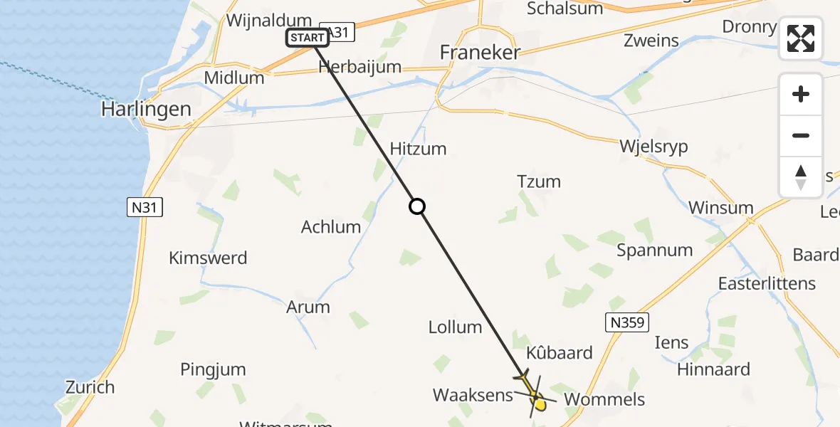 Routekaart van de vlucht: Ambulanceheli naar Wommels, Lollumerweg