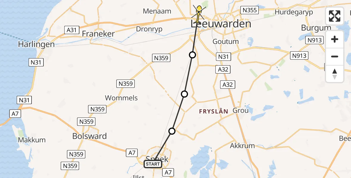 Routekaart van de vlucht: Ambulancehelikopter naar Leeuwarden, Ljouwerterdyk