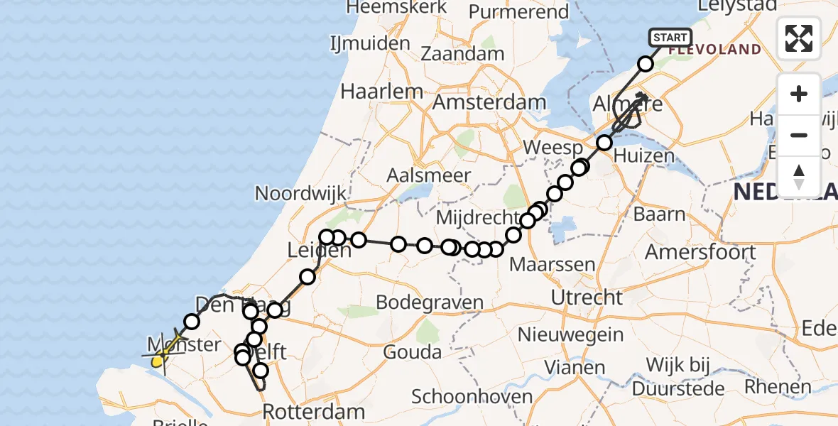 Routekaart van de vlucht: Politieheli naar 's-Gravenzande, Oostvaardersdijk