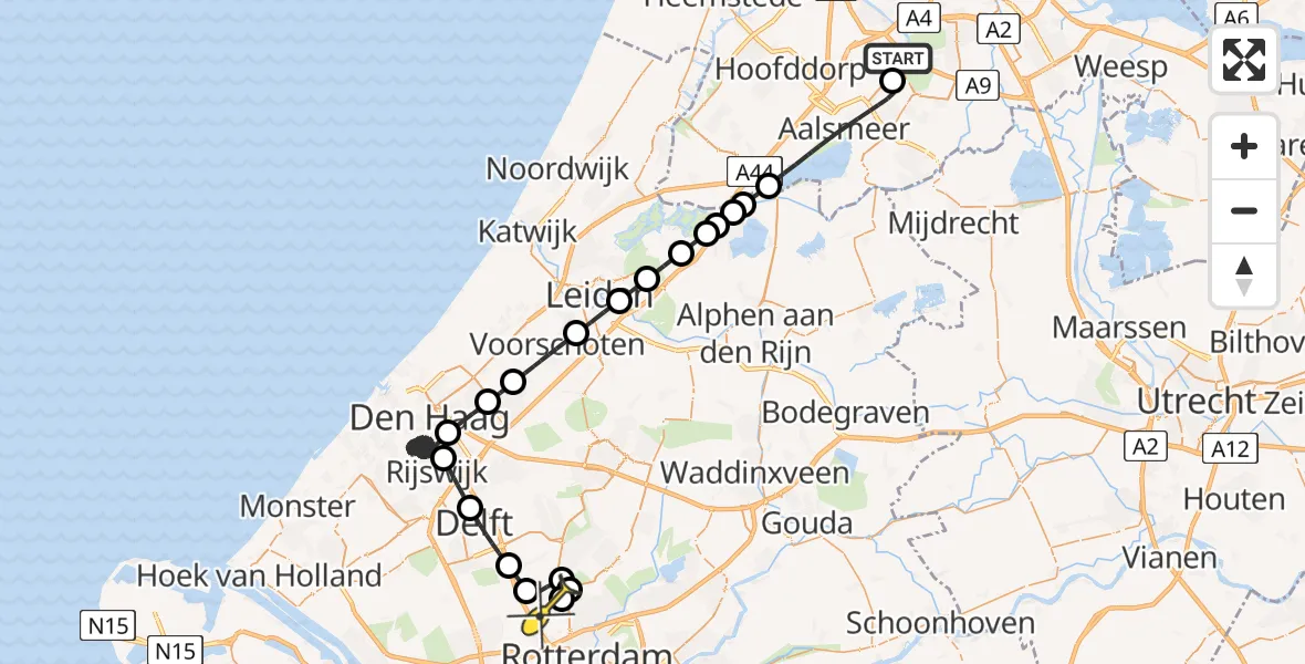 Vluchtroute Politiehelikopter van Schiphol naar Rotterdam The Hague Airport