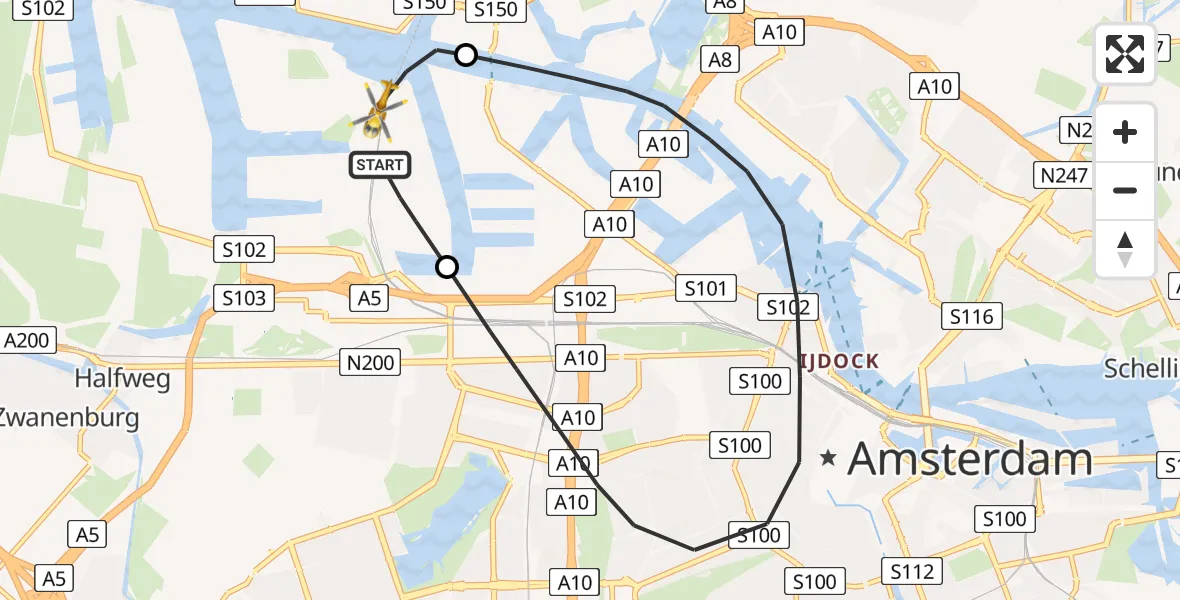 Vluchtroute Traumahelikopter van Amsterdam Heliport naar Amsterdam Heliport