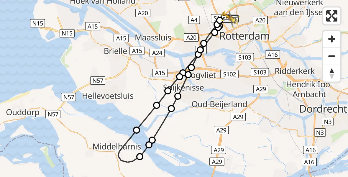 Vluchtroute Traumahelikopter Rotterdam The Hague Airport - Rotterdam The Hague Airport, 17 februari 2024, 23:10