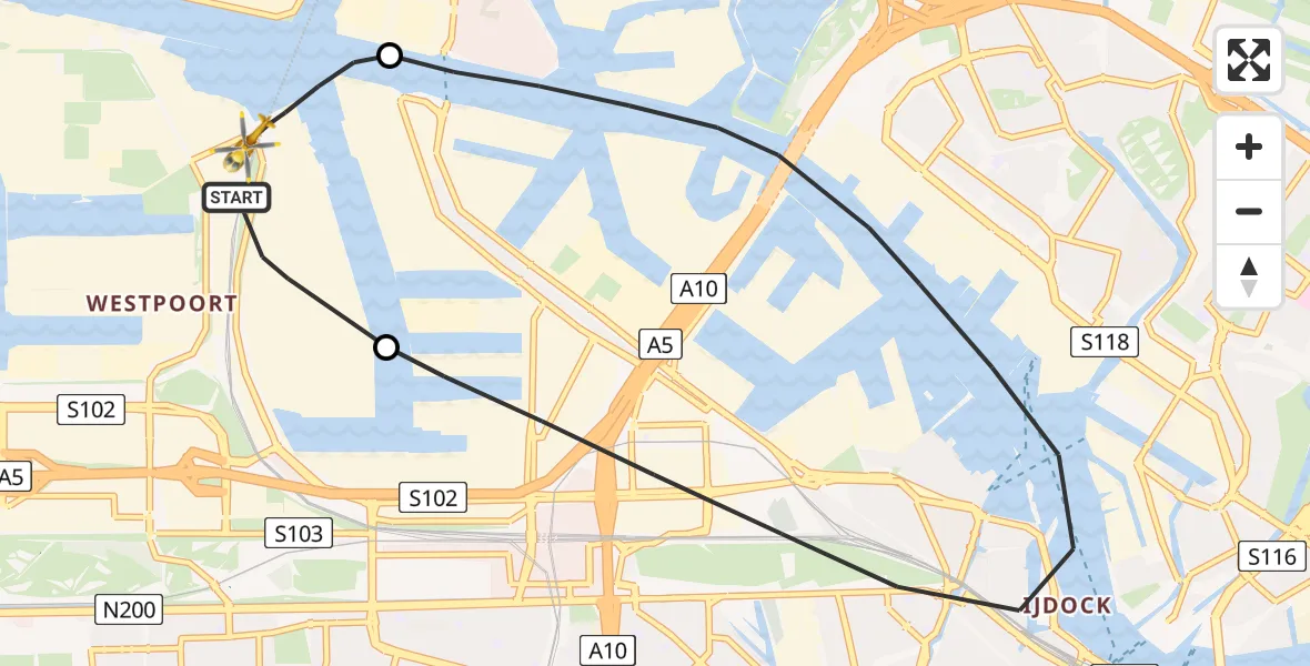 Vluchtroute Traumahelikopter van Amsterdam Heliport naar Amsterdam Heliport