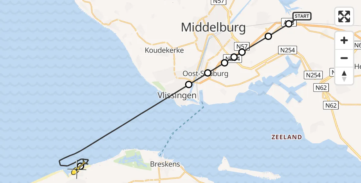 Routekaart van de vlucht: Kustwachthelikopter naar Nieuwvliet, Langeweg