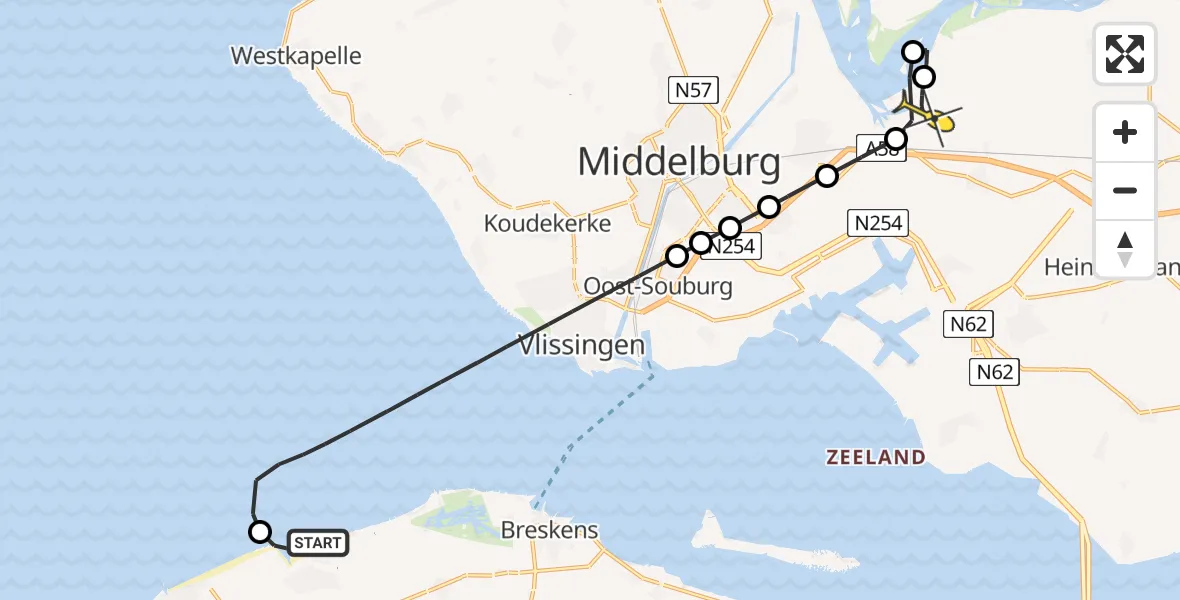 Routekaart van de vlucht: Kustwachthelikopter naar Vliegveld Midden-Zeeland, Zwartepolderweg