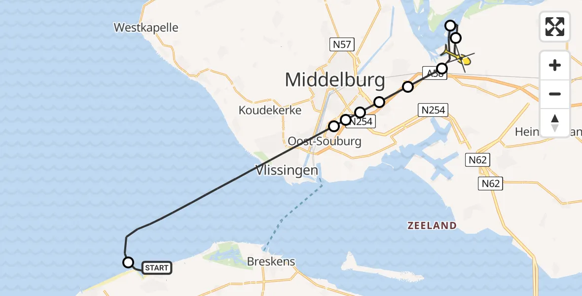 Routekaart van de vlucht: RSQ08 naar Vliegveld Midden-Zeeland, Zwartepolderweg