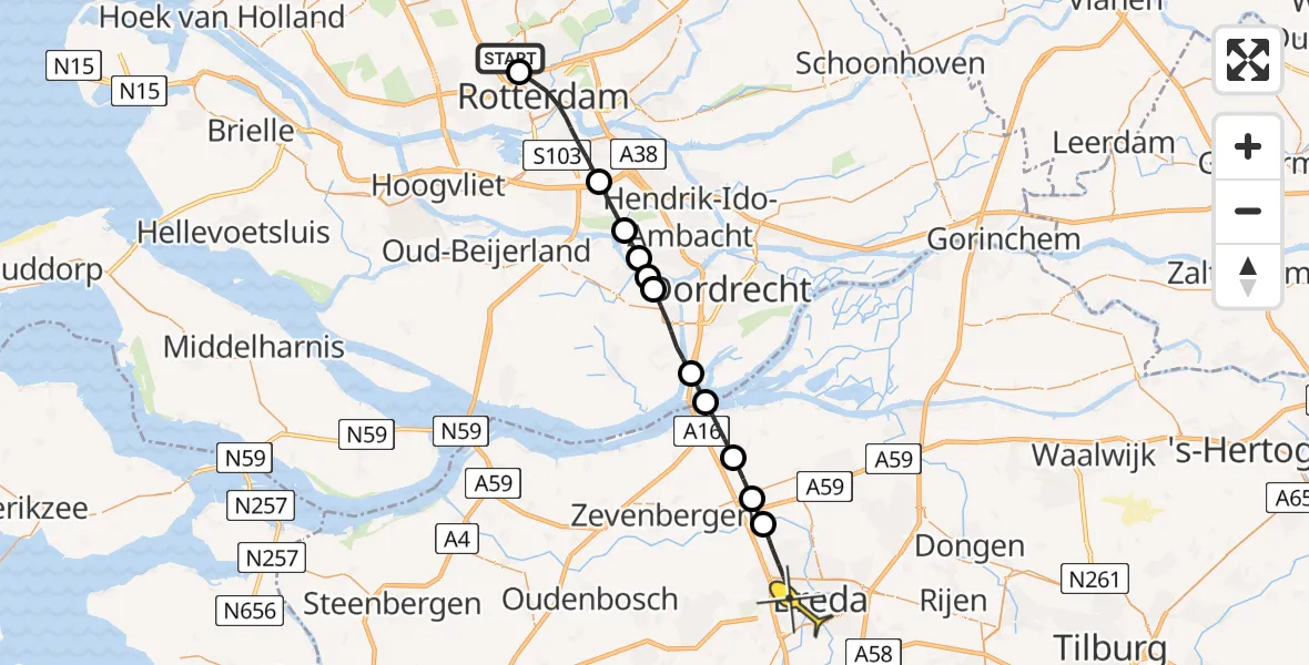 Routekaart van de vlucht: Lifeliner 2 naar Breda, Overschiese Kleiweg