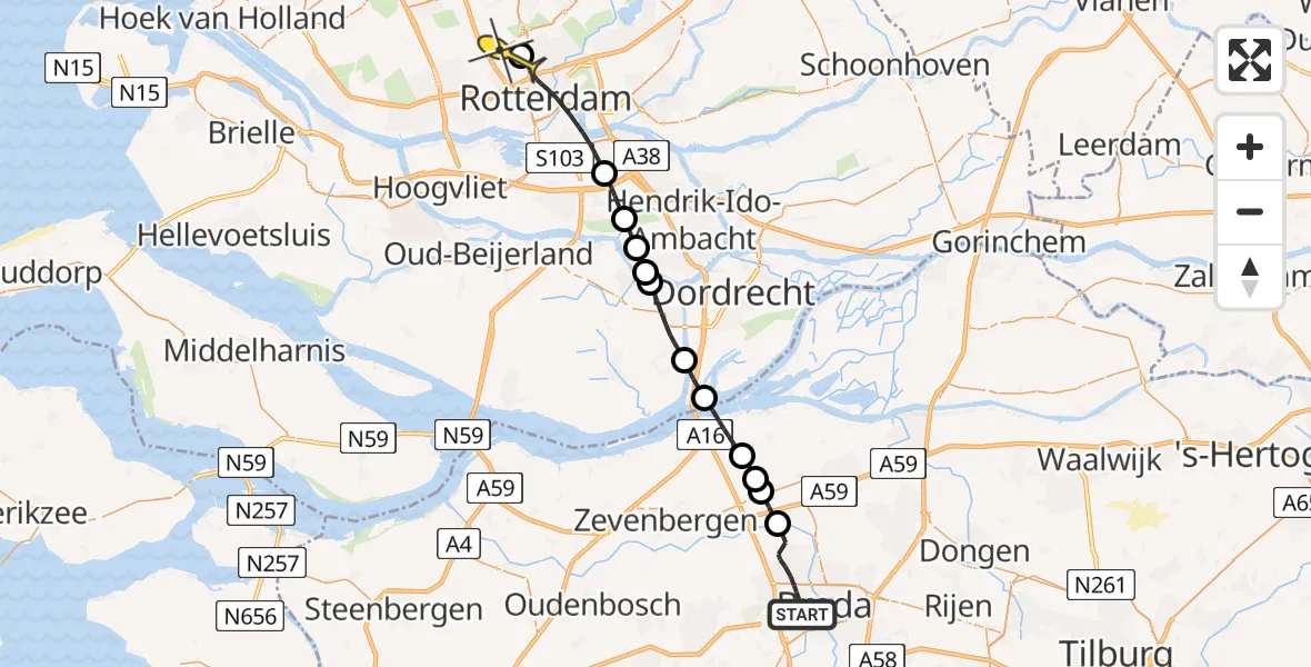 Routekaart van de vlucht: Lifeliner 2 naar Rotterdam The Hague Airport, Grenssteen