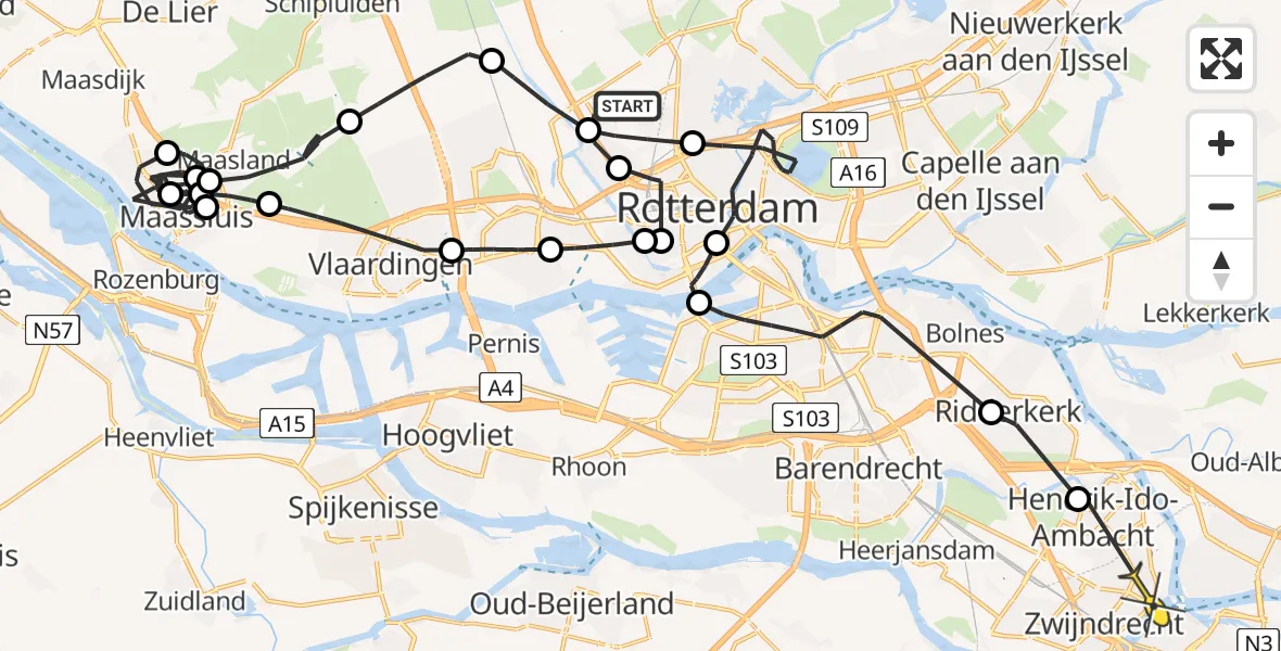 Routekaart van de vlucht: Politieheli naar Zwijndrecht, Zaventembaan