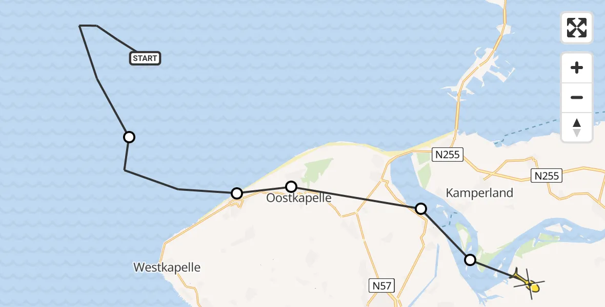 Routekaart van de vlucht: Kustwachthelikopter naar Vliegveld Midden-Zeeland, De Pietweg