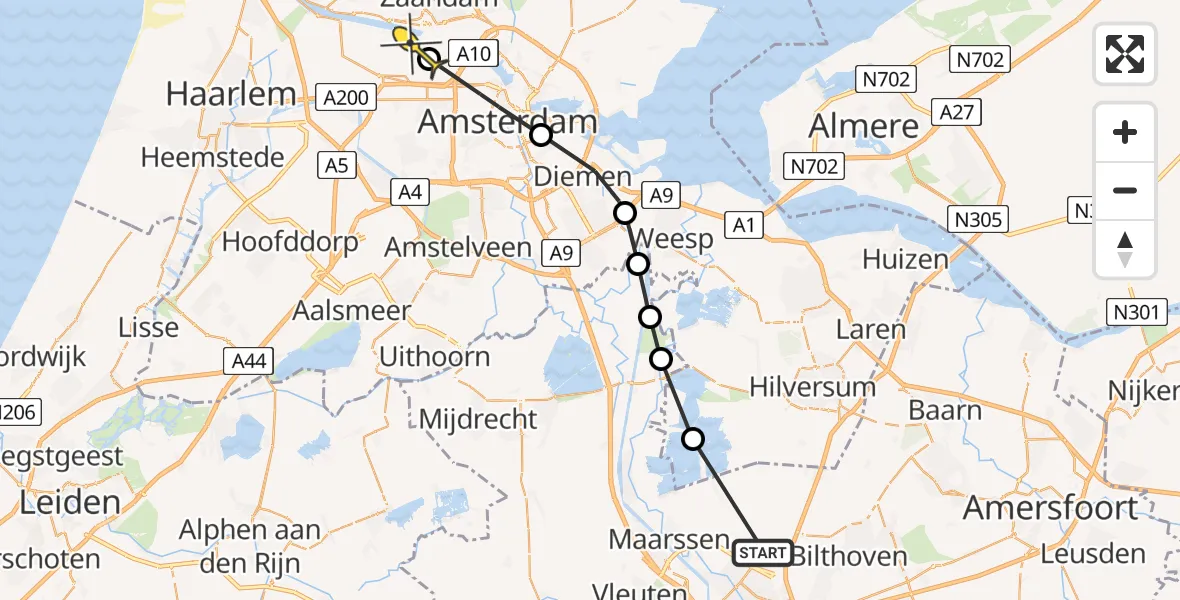 Routekaart van de vlucht: Lifeliner 1 naar Amsterdam Heliport, Trekpad