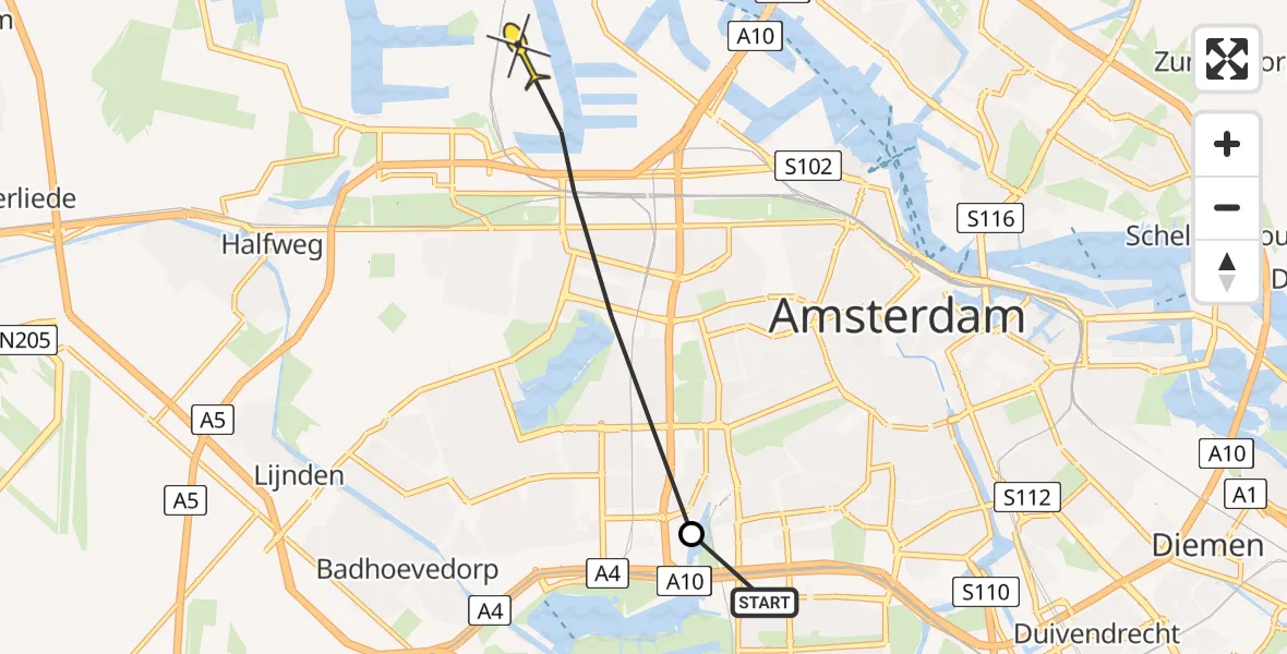 Routekaart van de vlucht: Lifeliner 1 naar Amsterdam Heliport, Generaal Vetterstraat