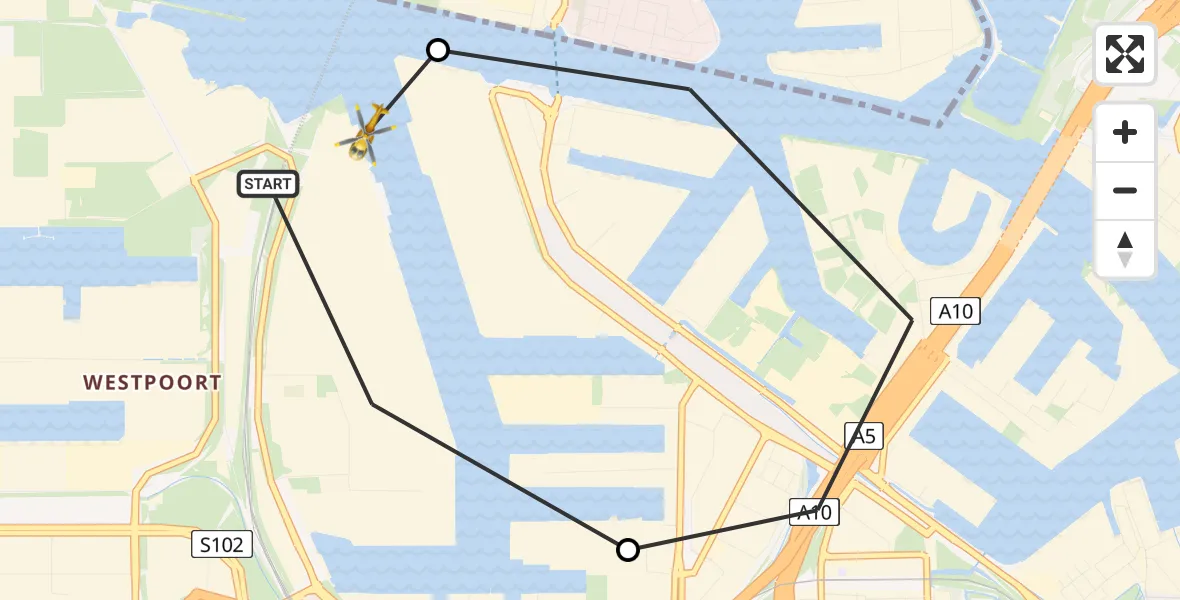 Vluchtroute Traumahelikopter van Amsterdam Heliport naar Amsterdam Heliport