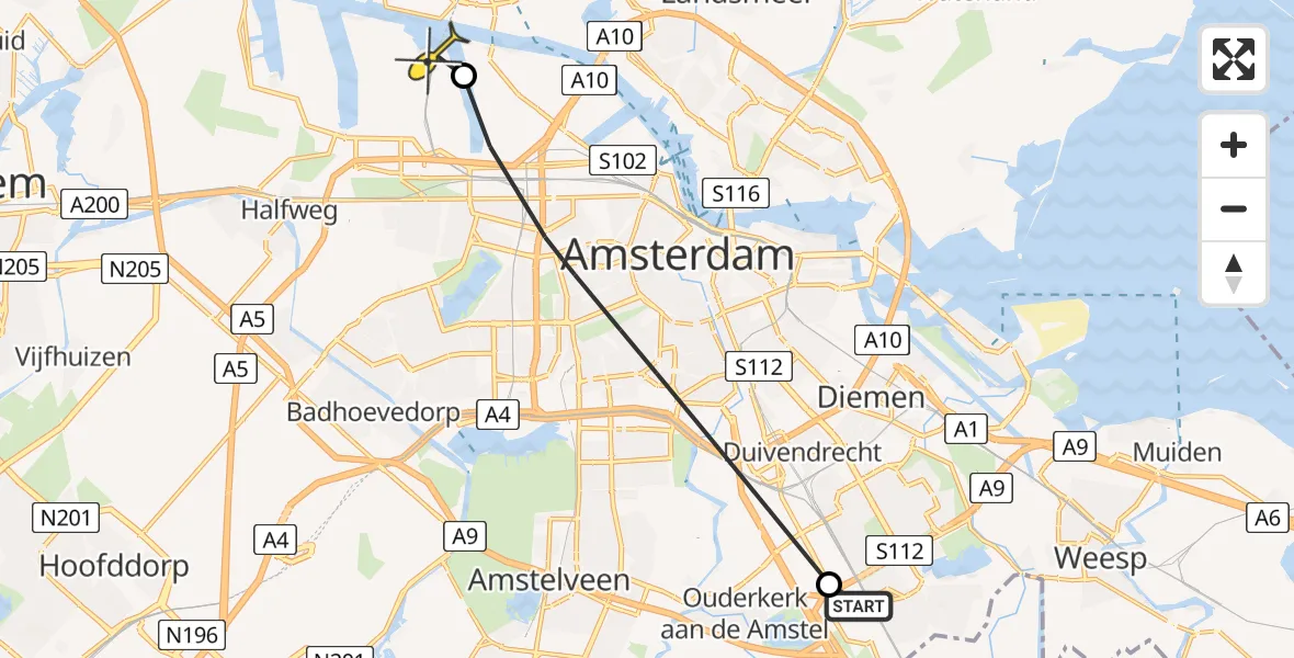 Routekaart van de vlucht: Lifeliner 1 naar Amsterdam Heliport, Ringweg-Zuid