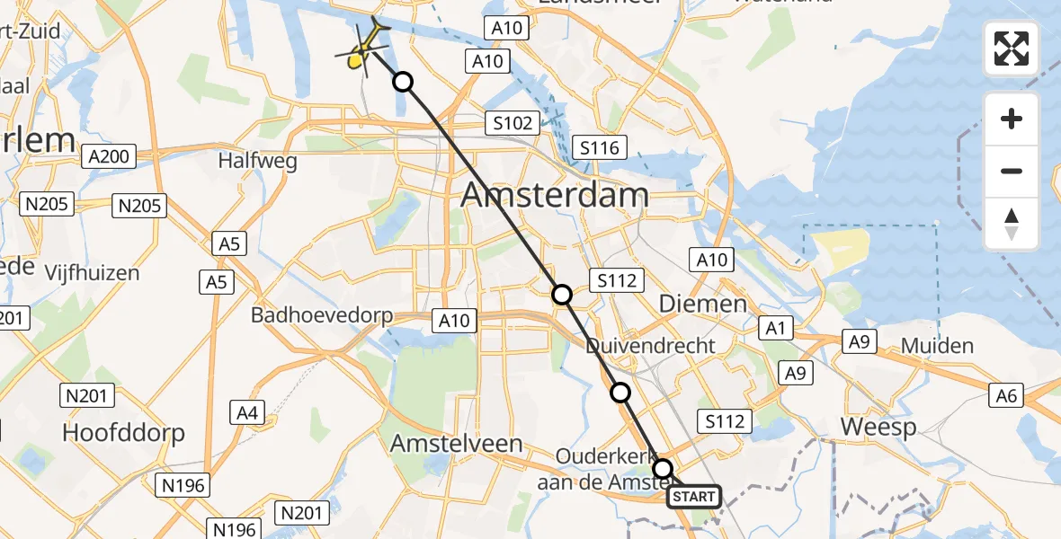 Routekaart van de vlucht: Lifeliner 1 naar Amsterdam Heliport, Sijsjesbergweg