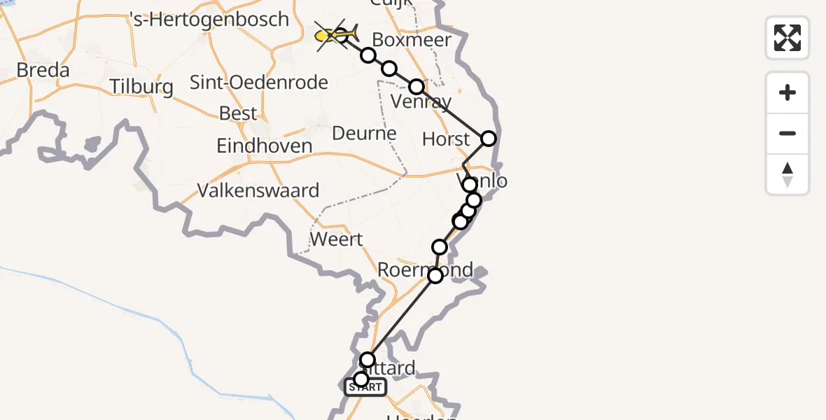 Routekaart van de vlucht: Politieheli naar Vliegbasis Volkel, Stadhouderslaan