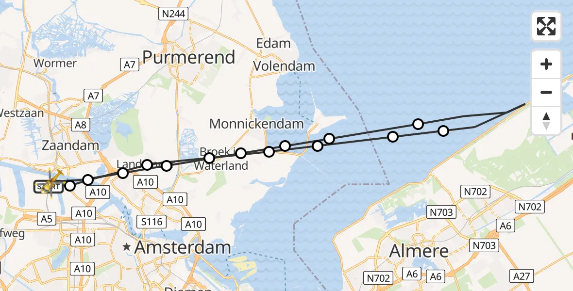 Routekaart van de vlucht: Lifeliner 1 naar Amsterdam Heliport, Kajuitweg