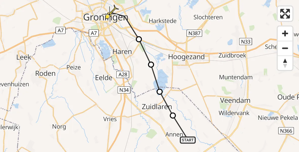 Routekaart van de vlucht: Lifeliner 4 naar Universitair Medisch Centrum Groningen, Zwetdijk