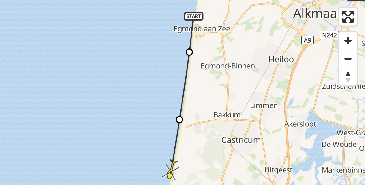 Routekaart van de vlucht: Kustwachthelikopter naar Heemskerk, Strand Egmond aan Zee