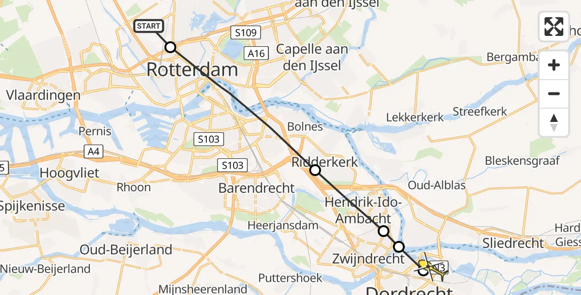 Routekaart van de vlucht: Lifeliner 2 naar Dordrecht, Maaskade