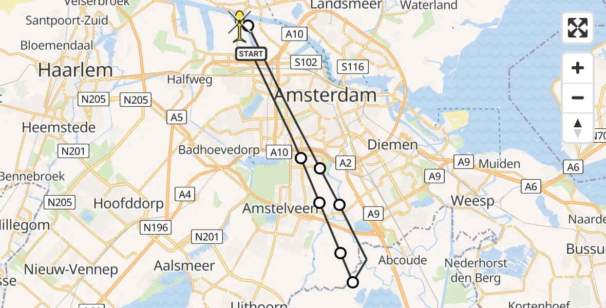 Routekaart van de vlucht: Lifeliner 1 naar Amsterdam Heliport, Sportstraat