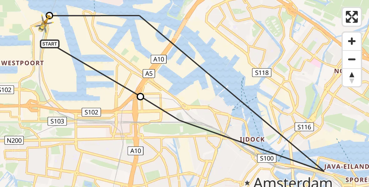 Vluchtroute Traumahelikopter van Amsterdam Heliport naar Amsterdam Heliport