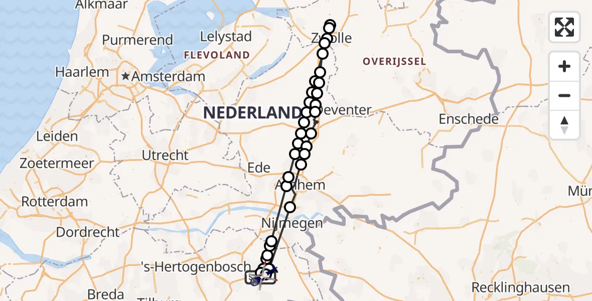 Vluchtroute Politiehelikopter van Vliegbasis Volkel naar Vliegbasis Volkel