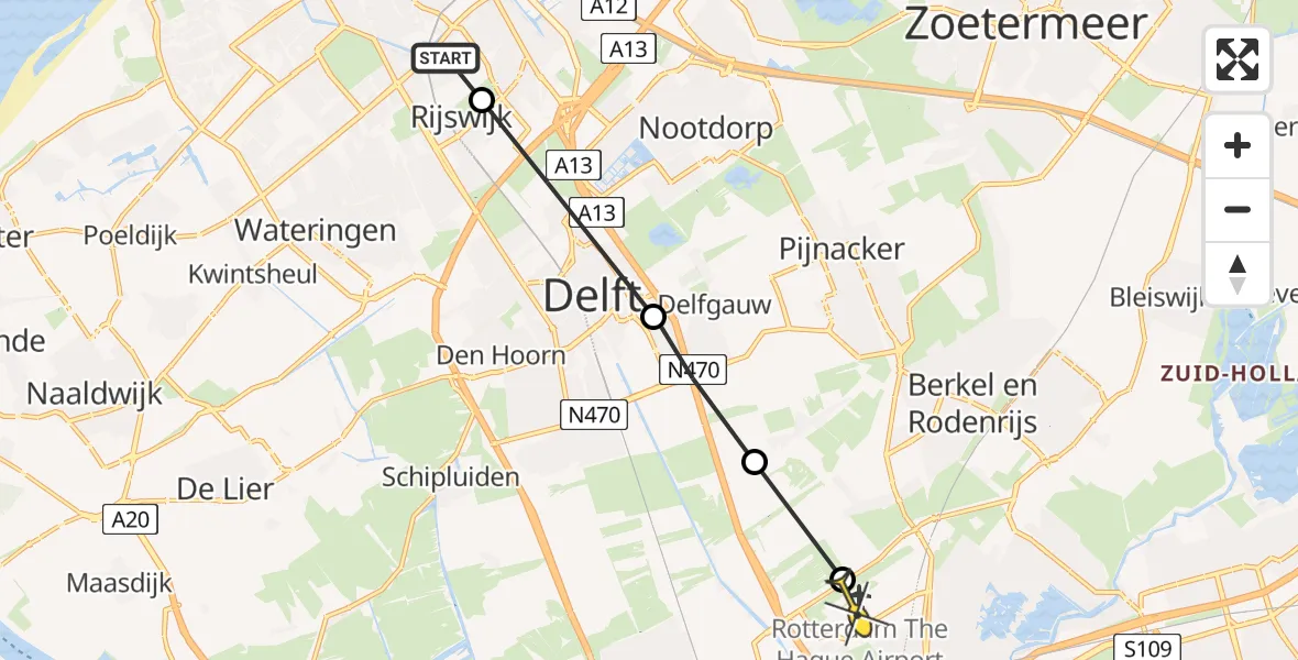 Routekaart van de vlucht: Lifeliner 2 naar Rotterdam The Hague Airport, Huys de Wervelaan