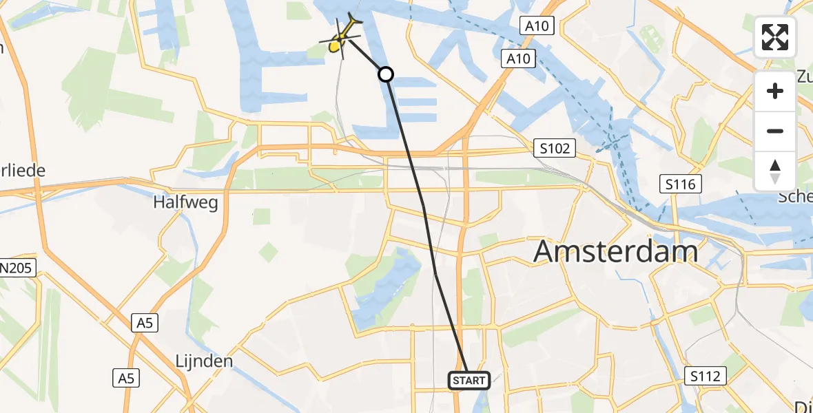 Routekaart van de vlucht: Lifeliner 1 naar Amsterdam Heliport, Hendrik Werkmanstraat