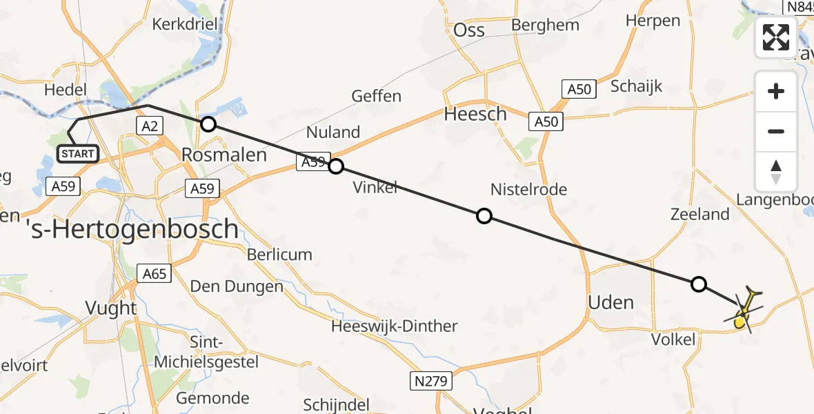 Routekaart van de vlucht: Politieheli naar Vliegbasis Volkel, Graaf van Solmsweg