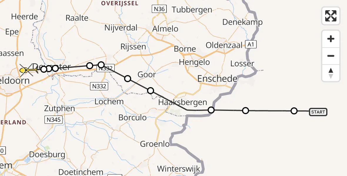 Routekaart van de vlucht: Politieheli naar Vliegveld Teuge, de Zanden