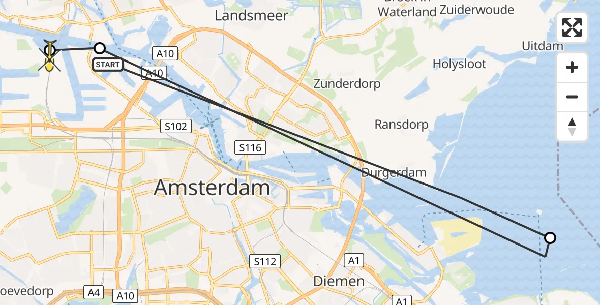 Routekaart van de vlucht: Lifeliner 1 naar Amsterdam Heliport, Pampus