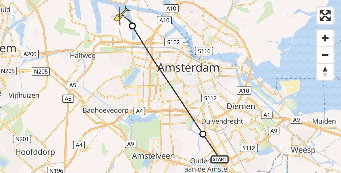 Routekaart van de vlucht: Lifeliner 1 naar Amsterdam Heliport, Ouderkerkerdijk