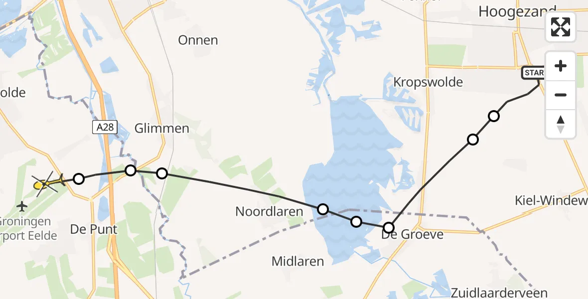 Routekaart van de vlucht: Lifeliner 4 naar Groningen Airport Eelde, van der Duyn v Maasdamwg