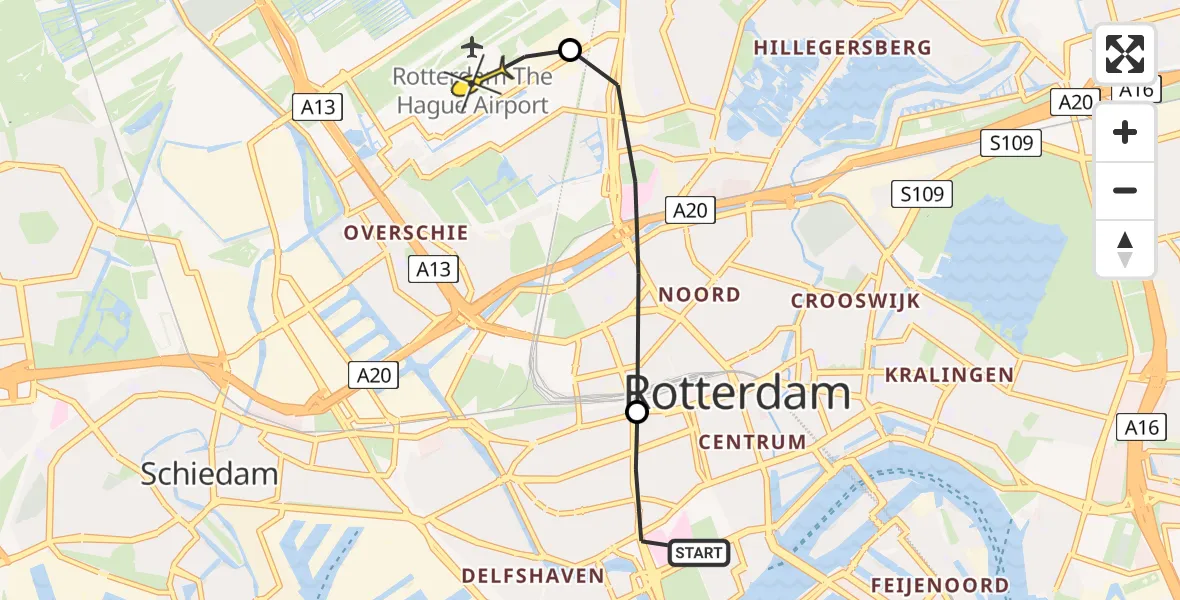 Routekaart van de vlucht: Lifeliner 2 naar Rotterdam The Hague Airport, 's-Gravendijkwal