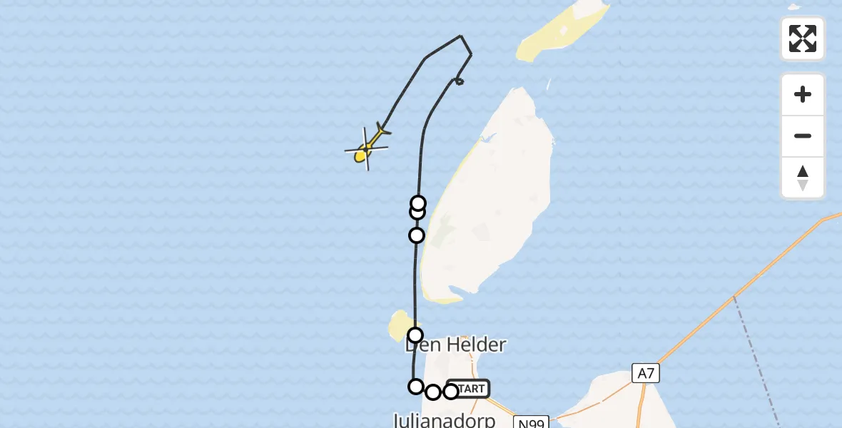 Routekaart van de vlucht: Kustwachthelikopter naar De Garst