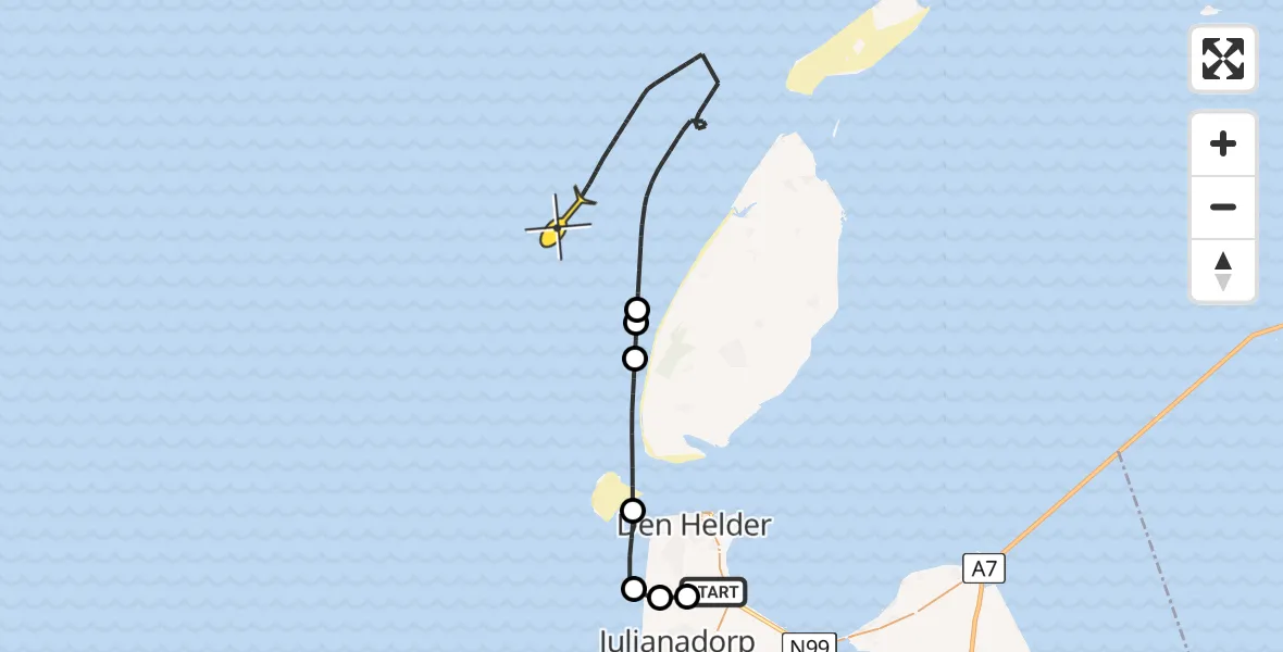 Vluchtroute Kustwachthelikopter van Vliegveld De Kooy naar 