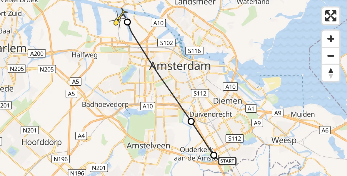 Routekaart van de vlucht: Lifeliner 1 naar Amsterdam Heliport, Capriweg