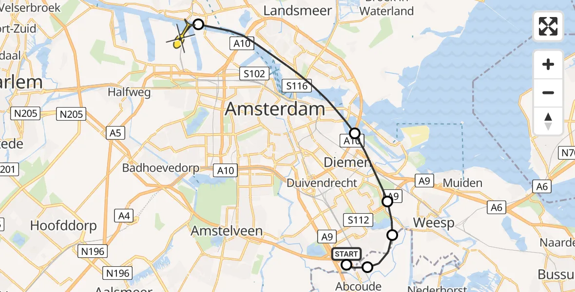 Routekaart van de vlucht: Lifeliner 1 naar Amsterdam Heliport, Abcouderstraatweg