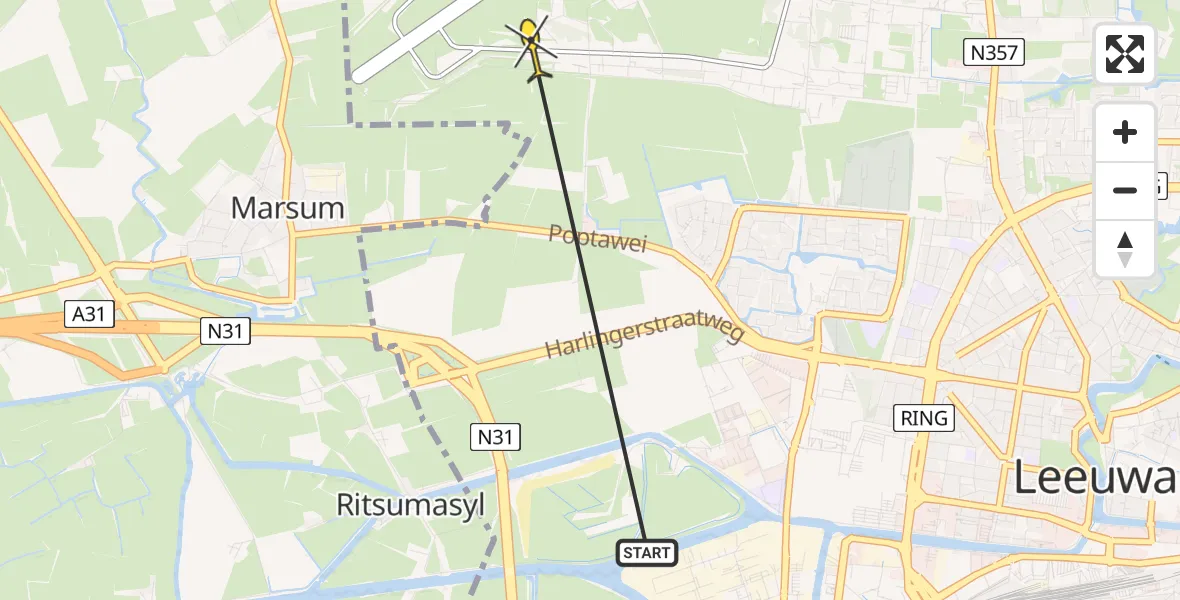 Vluchtroute Ambulancehelikopter van Leeuwarden naar Vliegbasis Leeuwarden