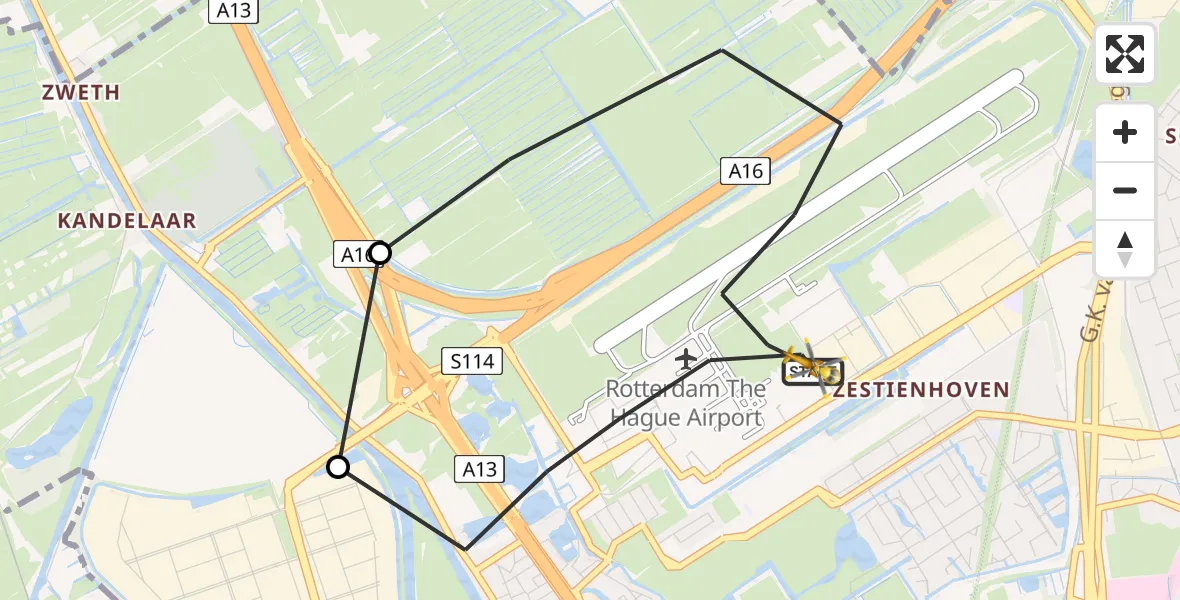 Vluchtroute Traumahelikopter Rotterdam The Hague Airport - Rotterdam The Hague Airport, 23 februari 2024, 22:03