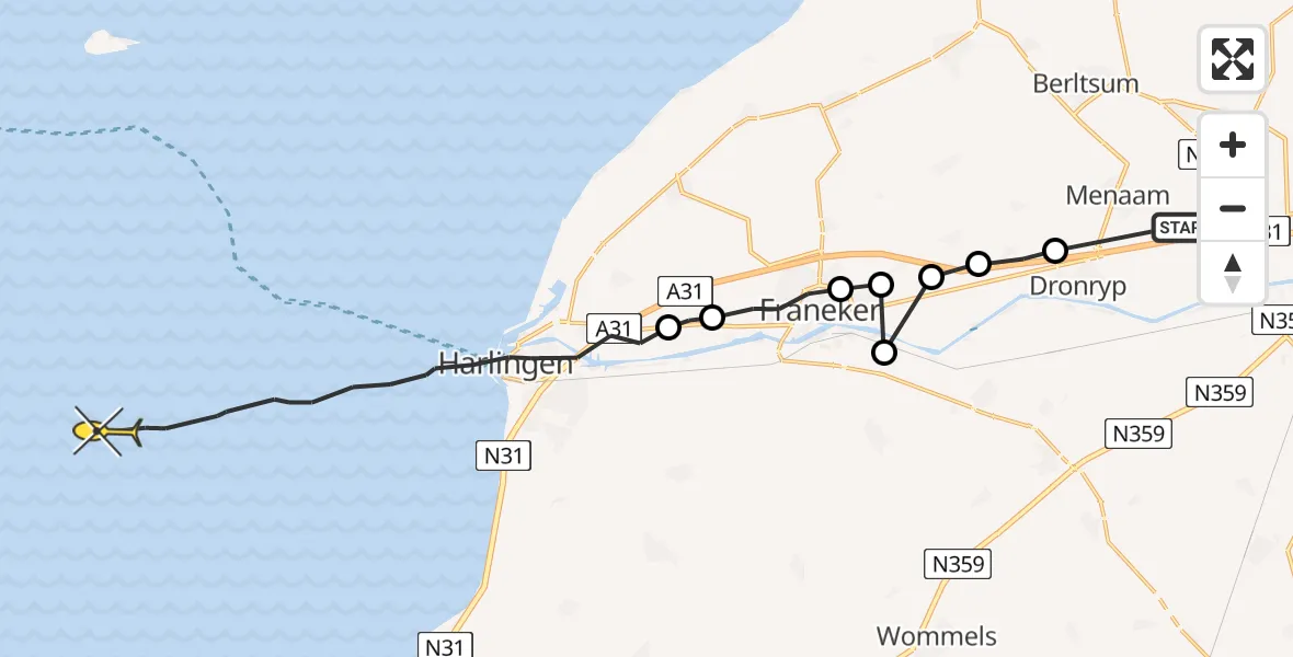 Routekaart van de vlucht: Ambulancehelikopter naar Harlingen, Waadseewei