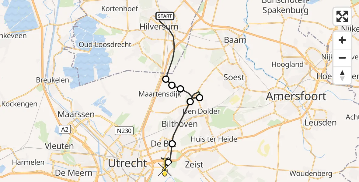 Routekaart van de vlucht: Lifeliner 1 naar Universitair Medisch Centrum Utrecht, Burgemeester Lambooylaan