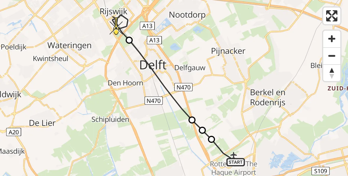 Routekaart van de vlucht: Lifeliner 2 naar Rijswijk, Klarinetstraat