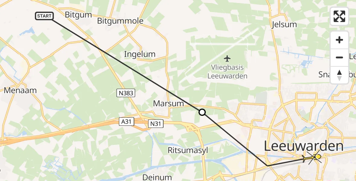 Routekaart van de vlucht: Ambulancehelikopter naar Leeuwarden, Ljouwerterdyk