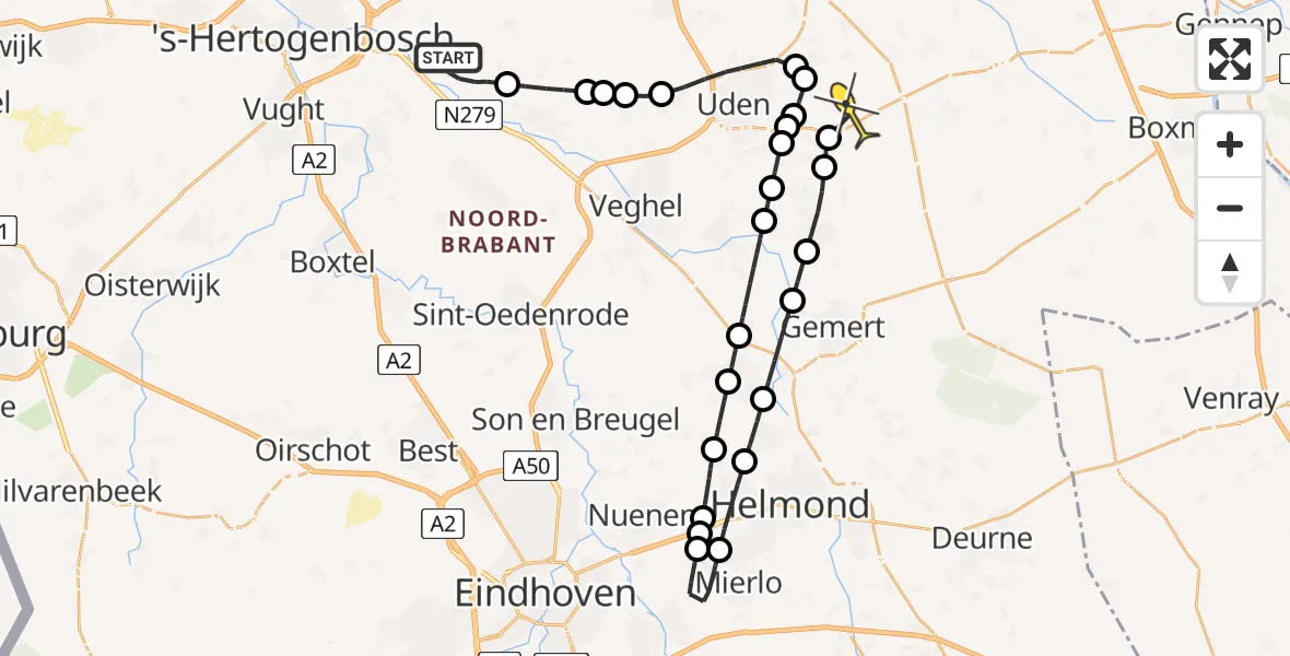 Routekaart van de vlucht: Lifeliner 3 naar Vliegbasis Volkel, Milrooijseweg